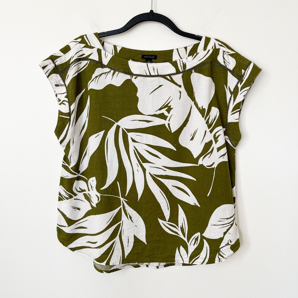 Ann Taylor Linen Blend Tropical Print Boxy Top Olive Green Womens Medium